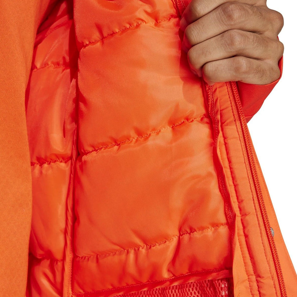 Close-up of the inner lining of the official Bayern Munich Adidas parka in bright orange