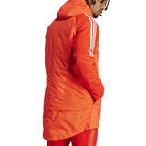 Official Bayern Munich Adidas parka in bright orange with white stripes and hood for cold weather