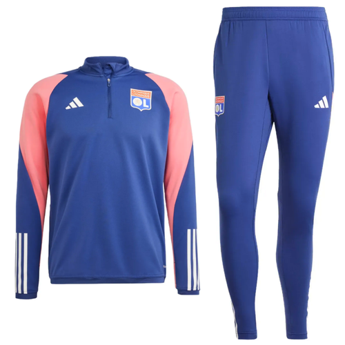 Adidas Olympique Lyon training tracksuit 2023 in blue with pink accents, perfect for soccer training sessions.