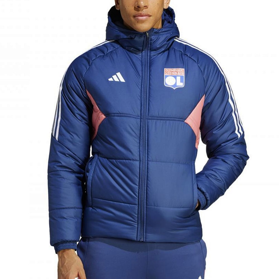 Men's Olympique Lyon winter jacket in navy blue with pink accents and hood on SoccerTracksuits.com
