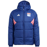 Blue Olympique Lyon winter jacket with hood and pink side accents on SoccerTracksuits.com