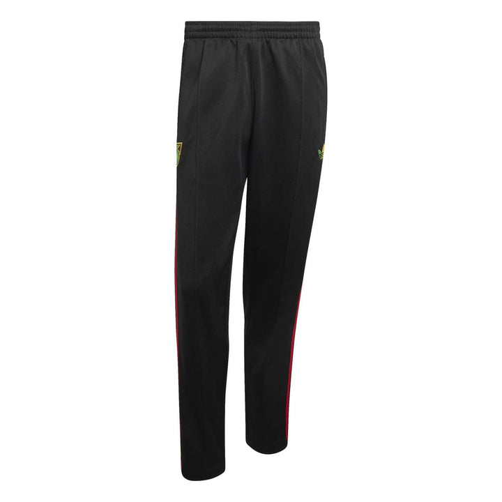 Black athletic pants with red side stripes and logo detail, designed for sports and fitness activities.
