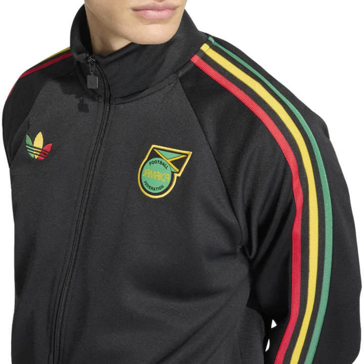 Black Adidas track jacket with Jamaican flag stripes and embroidered logo