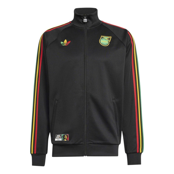 Black Adidas track jacket with red, yellow, and green stripes and logo detail