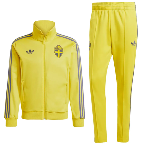 Yellow Adidas Originals Sweden tracksuit with blue stripes and Sweden crest jacket and pants