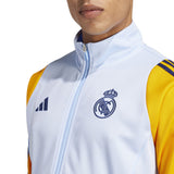 Real Madrid 2024 2025 Adidas tracksuit jacket with white front and yellow sleeves from Soccer Tracksuits