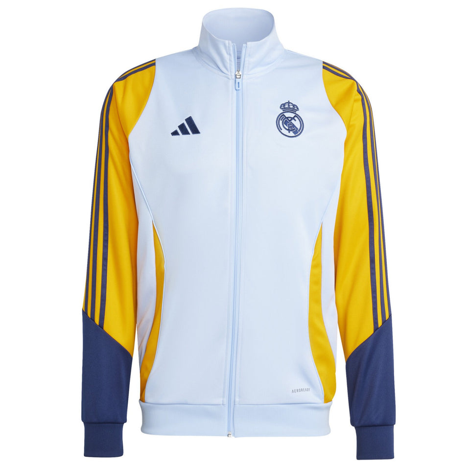 Real Madrid 2024 2025 Adidas tracksuit jacket in white with yellow and navy blue accents