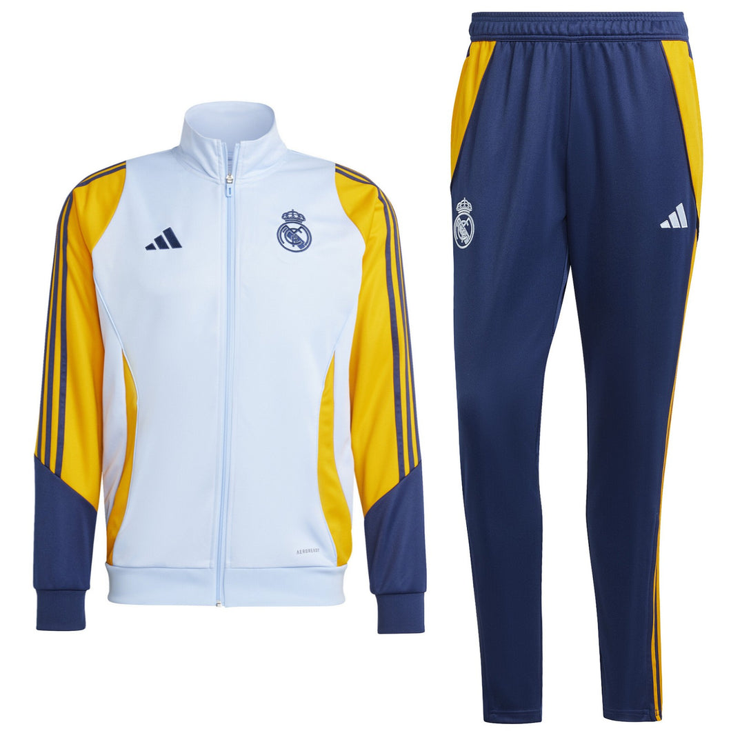 Real Madrid 2024 2025 Adidas tracksuit with white, yellow, and navy blue colors on SoccerTracksuits.com