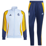 Real Madrid 2024 2025 Adidas tracksuit with white, yellow, and navy blue colors on SoccerTracksuits.com