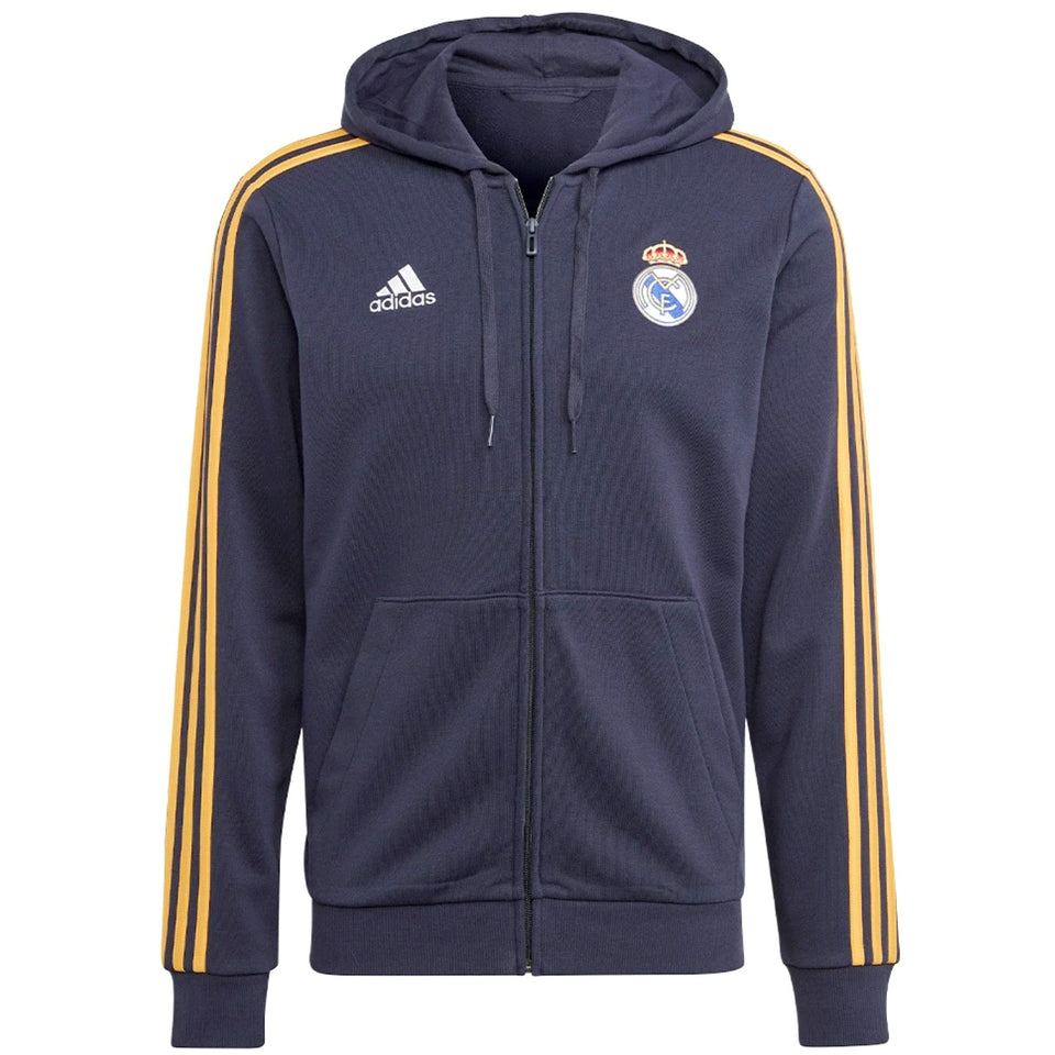 Adidas Real Madrid hooded soccer tracksuit with yellow stripes and team logo for fans