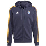 Adidas Real Madrid hooded soccer tracksuit with yellow stripes and team logo for fans
