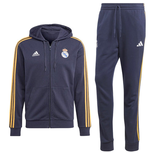 Adidas Real Madrid hooded soccer tracksuit featuring a zip-up jacket and matching pants in navy blue