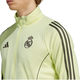 Adidas Real Madrid tracksuit 2025 in vibrant yellow with classic logo and distinctive stripes