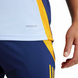 Close-up of Real Madrid training kit 2024 blue and yellow tracksuit with Aeroready fabric technology
