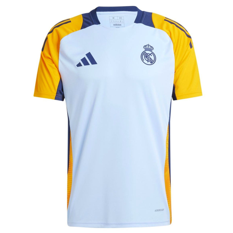 Real Madrid training kit 2024 white and yellow Adidas soccer tracksuit top with logo