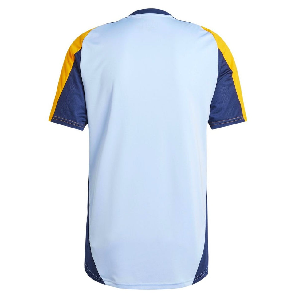 Back view of Real Madrid training kit 2024 with light blue, navy, and yellow color scheme