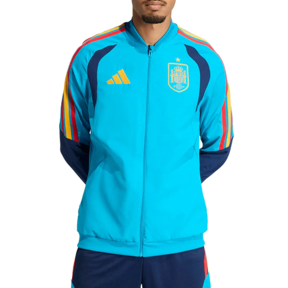 Blue Spain tracksuit with colorful accents and Adidas logo on a white background