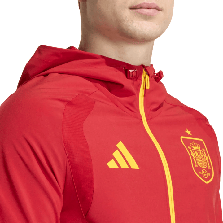 Spain Casual Travel hooded presentation soccer tracksuit 2026/27 in red with yellow accents by Adidas