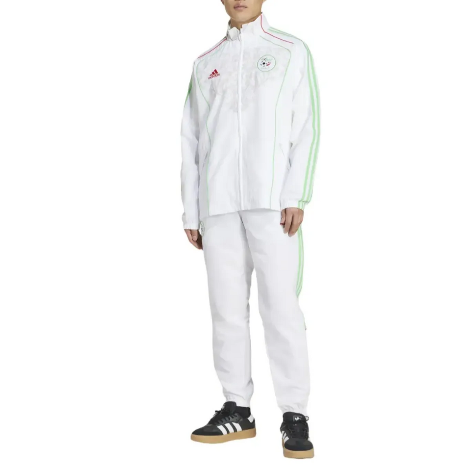 Algeria Adidas retro soccer tracksuit 2025 featuring a white design with green accents and an embroidered logo