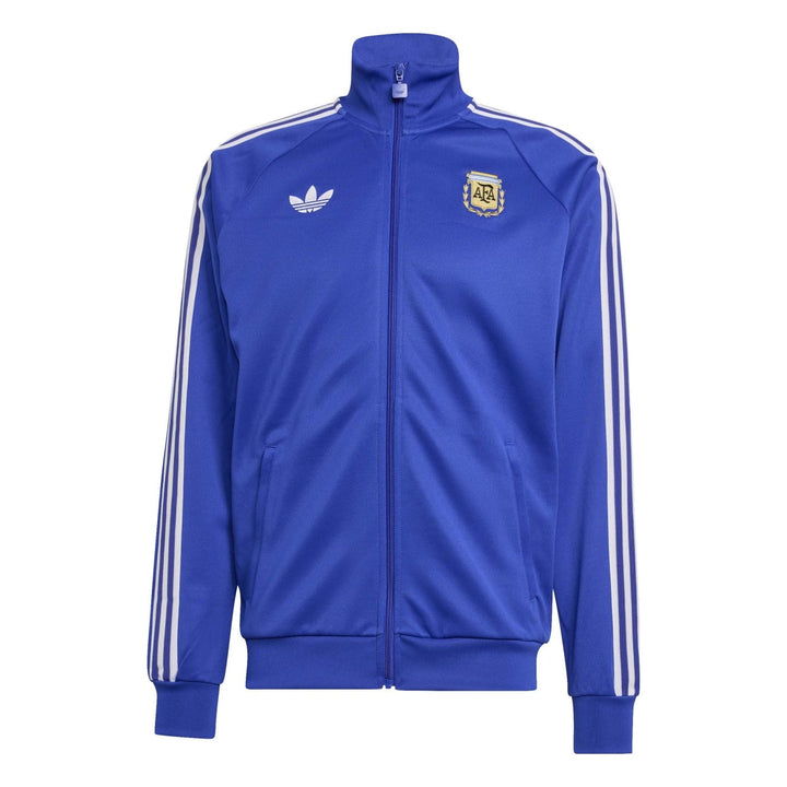 Blue polyester Adidas track jacket with white stripes and logo