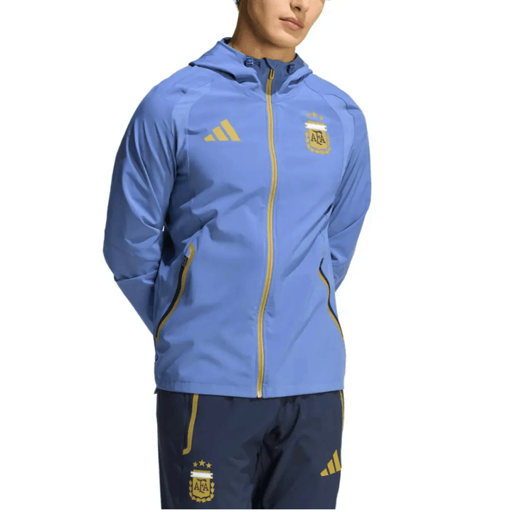 Argentina Casual Travel hooded presentation soccer tracksuit in light blue with official Adidas branding and logo