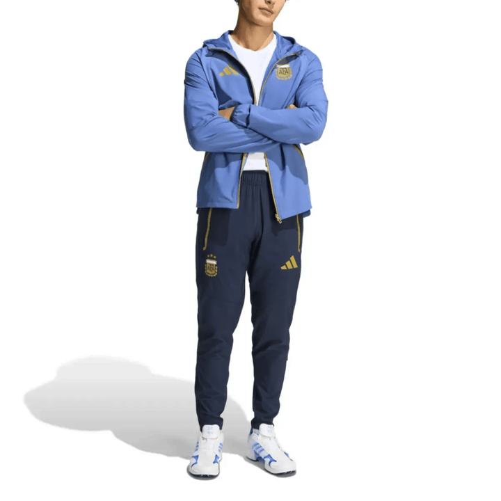 Argentina Casual Travel 2026/27 hooded presentation soccer tracksuit in blue and navy with official Adidas branding