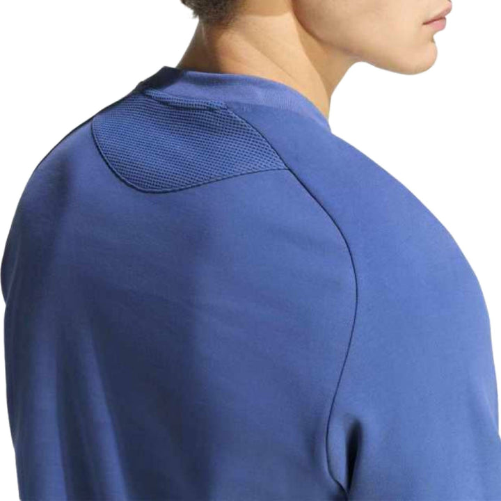 Men's blue athletic sweatshirt with mesh detail on the shoulder