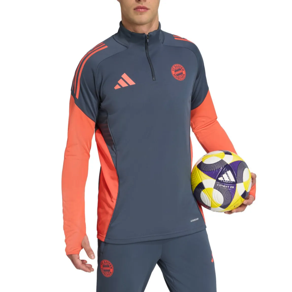 Bayern Munich grey training tracksuit 2025 with contrasting sleeves, on SoccerTracksuits.com