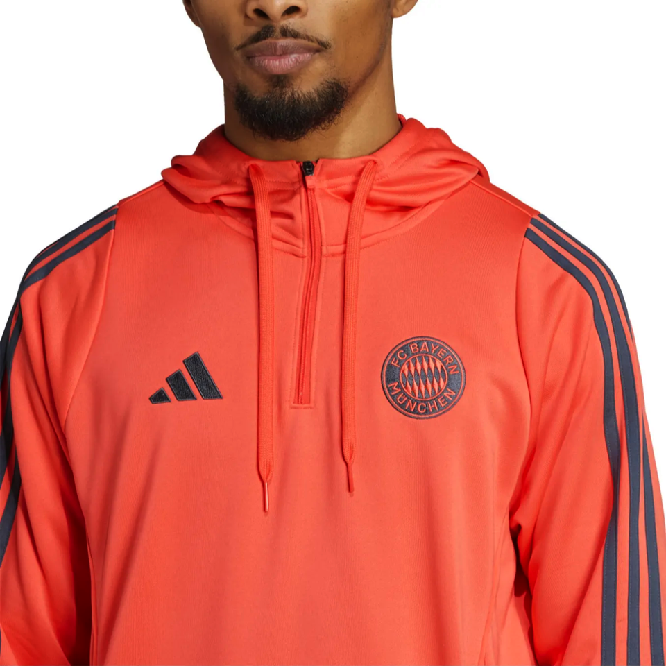 Bayern Munich hooded training tracksuit 2025 26 in vibrant red with Adidas logo and team crest on SoccerTracksuits.com