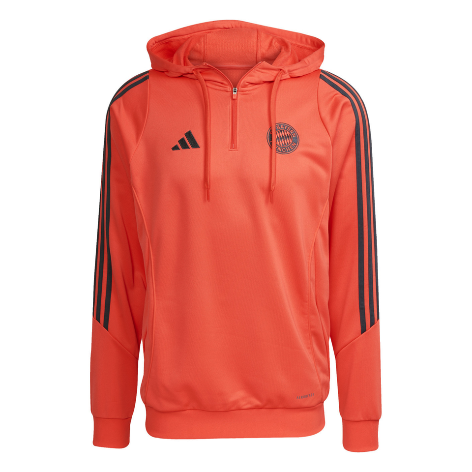 Bayern Munich hooded training tracksuit 2025 26 in vibrant orange with black accents on SoccerTracksuits.com