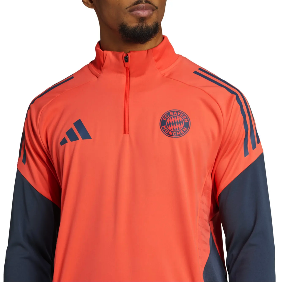 Bayern Munich training tracksuit 2025 26 in vibrant orange with navy stripes and adidas logo
