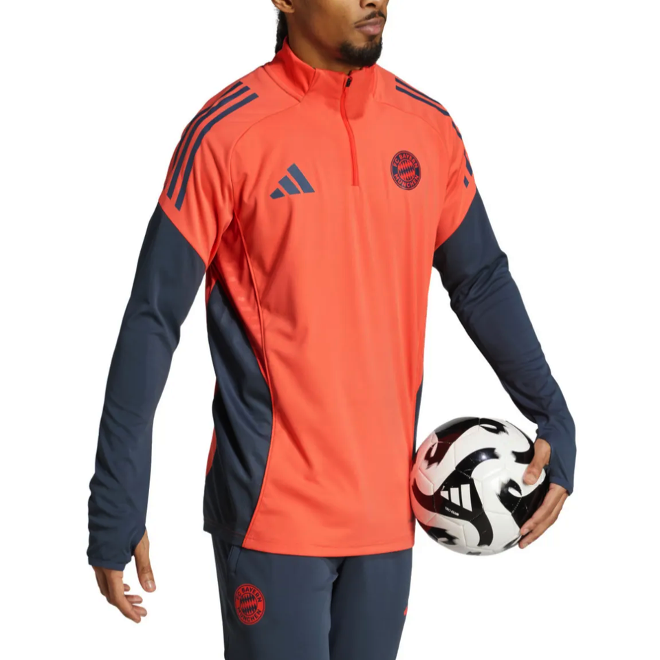 Bayern Munich training tracksuit 2025 26 in vibrant orange and navy with zip collar, perfect for soccer practice