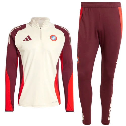 Bayern Munich UCL tracksuit 2024/25 with white and maroon zip-up top and matching maroon pants