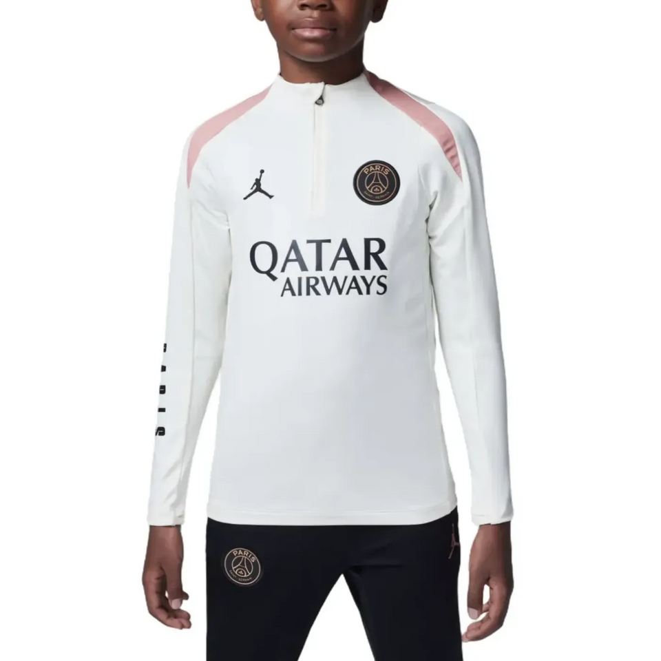 White PSG Jordan kids tracksuit featuring Qatar Airways logo, perfect for soccer fans to buy PSG Jordan kids tracksuit online.