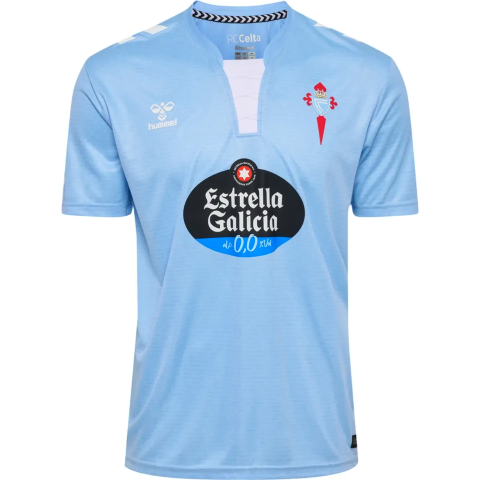 Celta Vigo soccer jersey 2024 25 in light blue with Estrella Galicia logo and modern design
