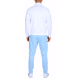 Back view of a man wearing a Celta Vigo training tracksuit Hummel in white and light blue.