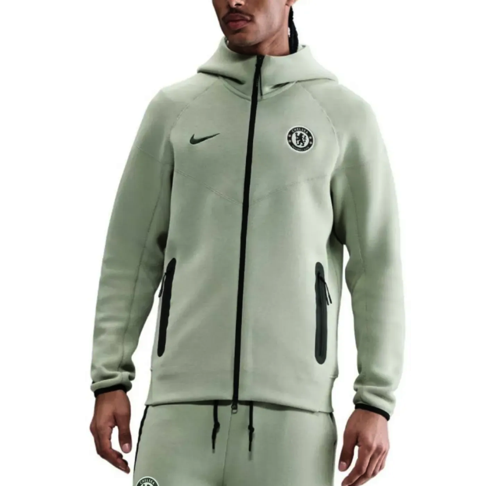 Men's official Chelsea Nike Tech fleece set featuring a zip-up hoodie and pants in green on SoccerTracksuits.com