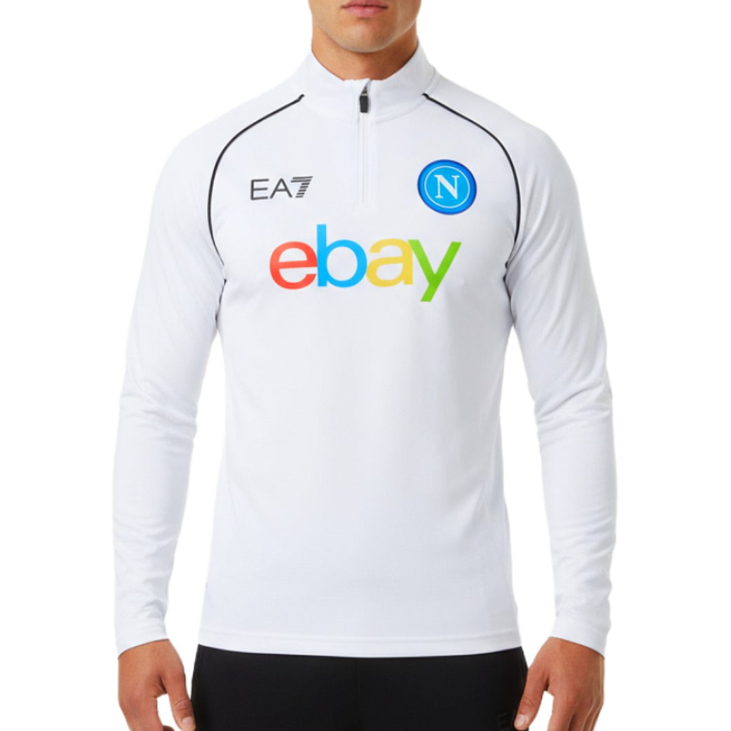 EA7 SSC Napoli white training top featuring a zip collar and logo details for sporty style