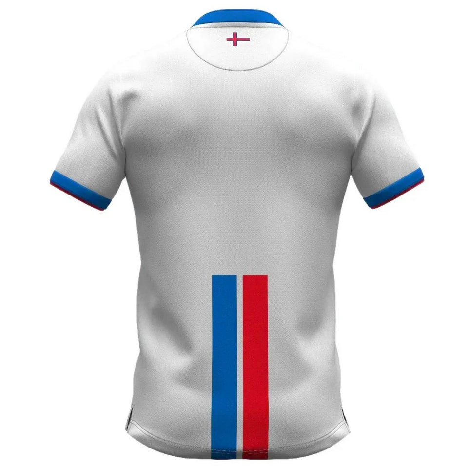Back view of Faroe Islands 2024 soccer jersey white with blue and red stripes and collar details