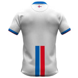 Back view of Faroe Islands 2024 soccer jersey white with blue and red stripes and collar details
