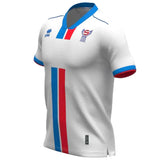 Faroe Islands 2024 soccer jersey white with red and blue vertical stripes and short sleeves