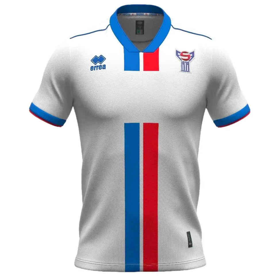 White Faroe Islands 2024 soccer jersey with blue and red vertical stripes and blue collar