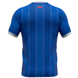 Back view of Liechtenstein home soccer jersey 2024 in blue with subtle vertical stripes and flag detail