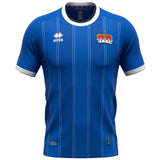 Liechtenstein home soccer jersey 2024 in blue with white collar and red crown emblem at SoccerTracksuits.com