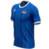 Blue Liechtenstein home soccer jersey 2024 with white collar and sleeve trim at SoccerTracksuits.com