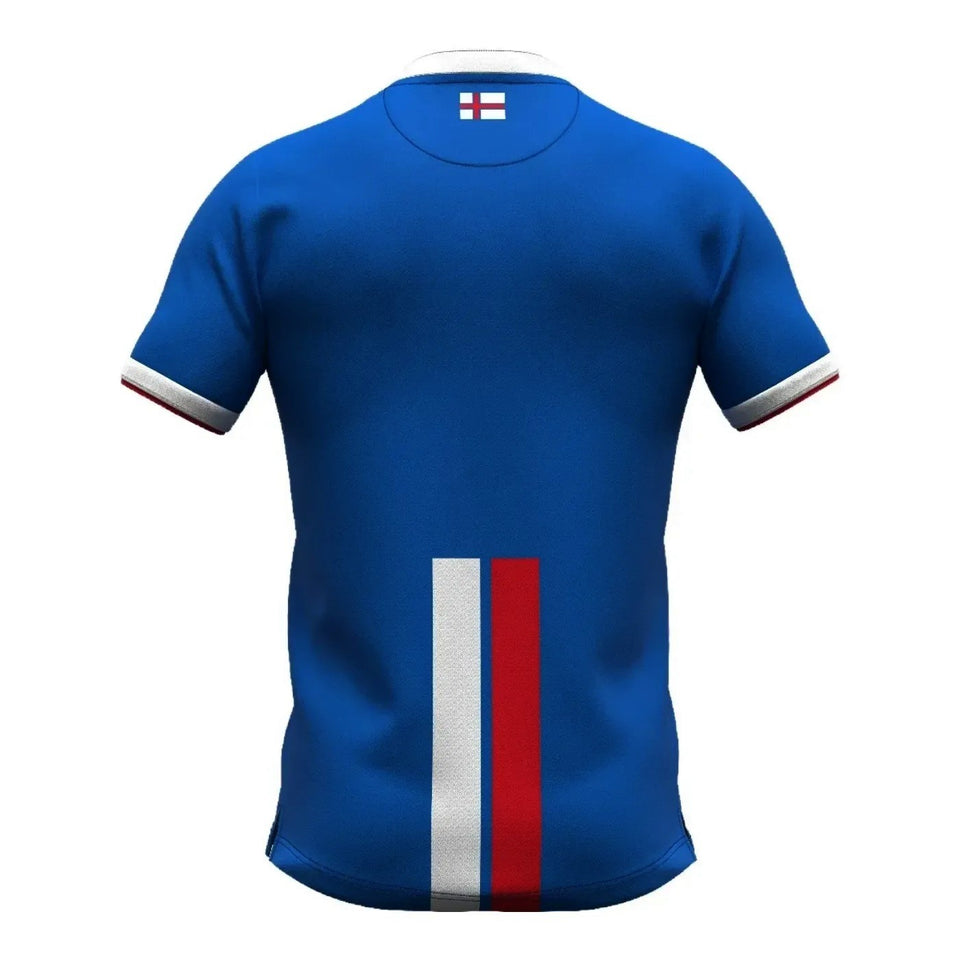 Faroe Islands away soccer jersey 2024 in blue with red and white stripes on the back