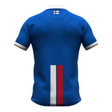 Faroe Islands away soccer jersey 2024 in blue with red and white stripes on the back