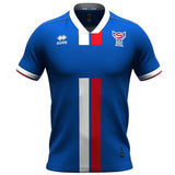 Faroe Islands away soccer jersey 2024 in blue with red and white stripes for fans and players