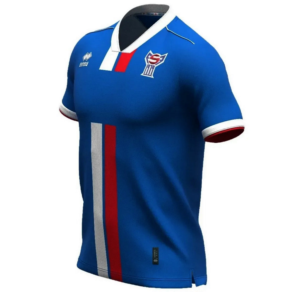 Faroe Islands away soccer jersey 2024 in blue with white and red stripes and team logo