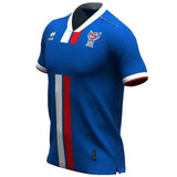 Faroe Islands away soccer jersey 2024 in blue with white and red stripes and team logo